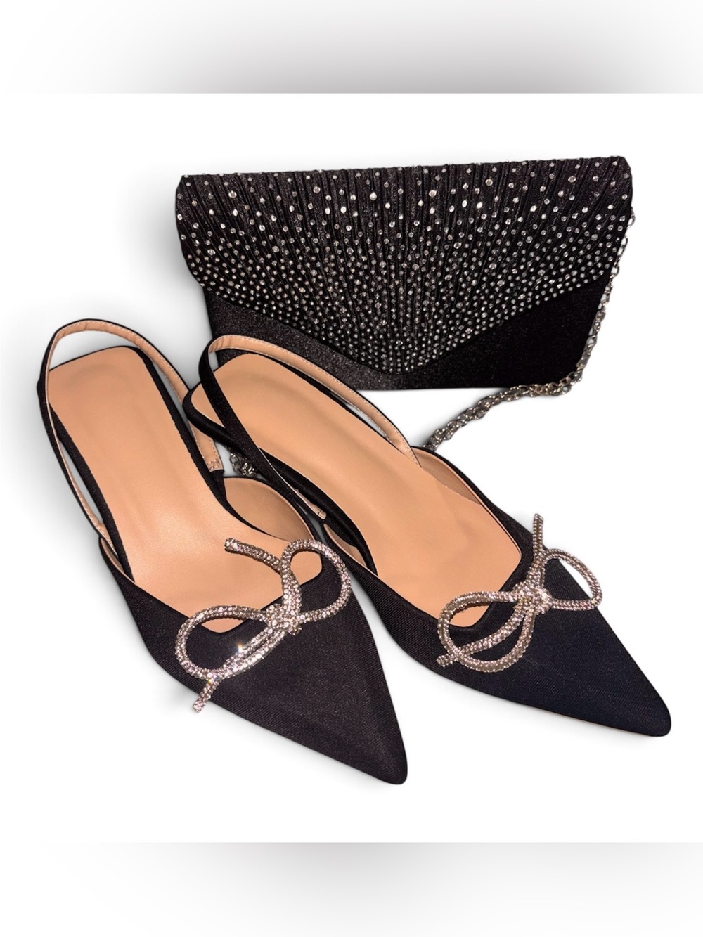 Crystal Bow Black Pointed Slingback Mules